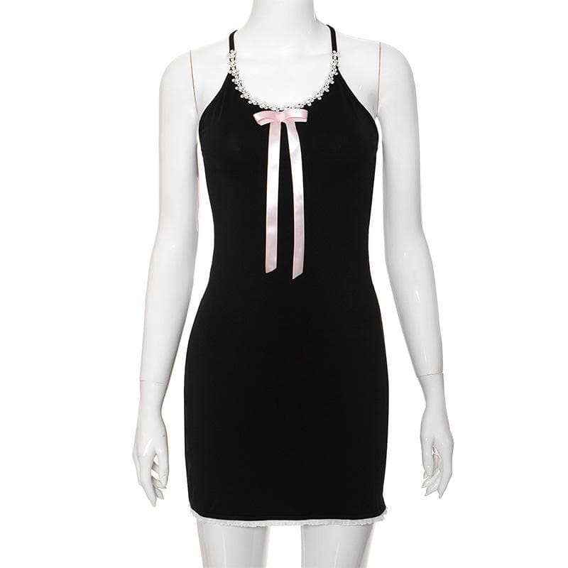 Bowknot ribbon lace hem u neck cross back backless cami mini dress 8