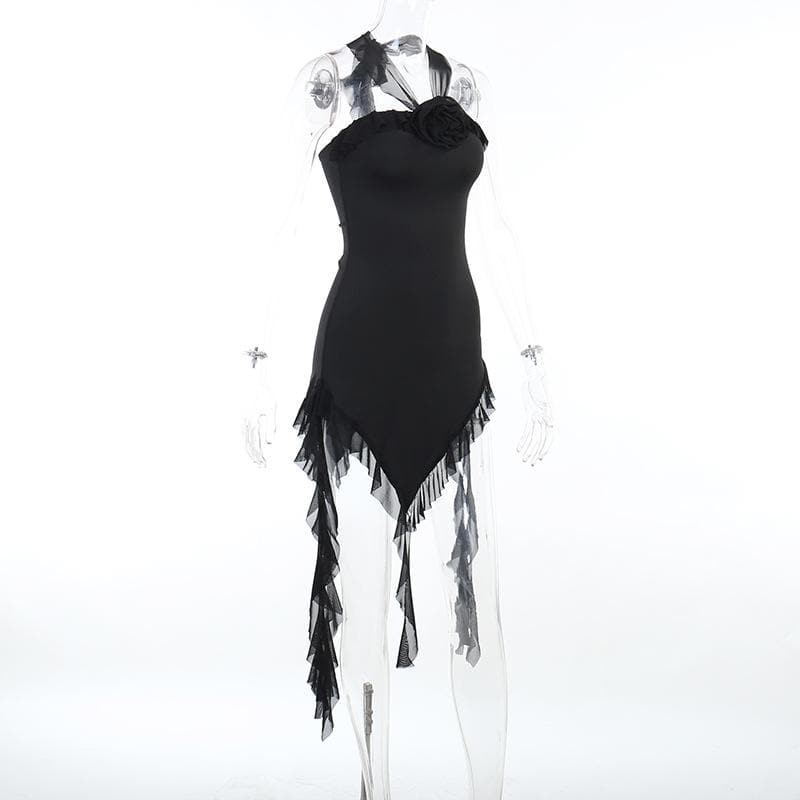 Strapless Flower Applique Ruffle Asymmetric Mini Dress
