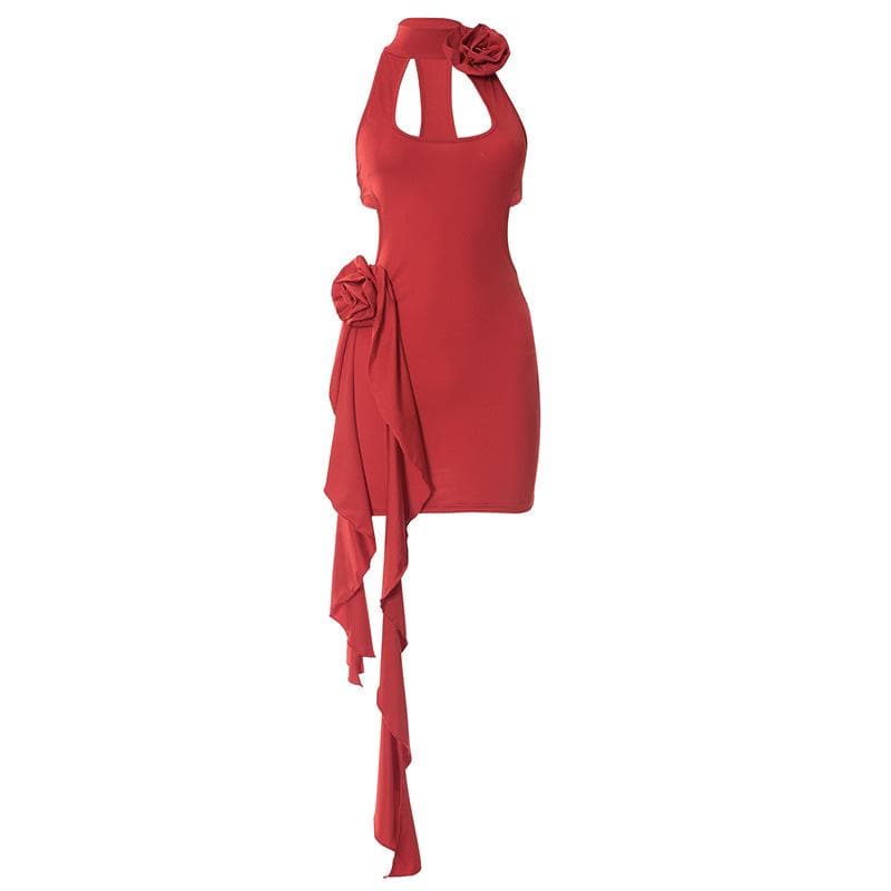 Halter Neck Cut Out 3D Rosette Ruffle Bodycon Mini Dress