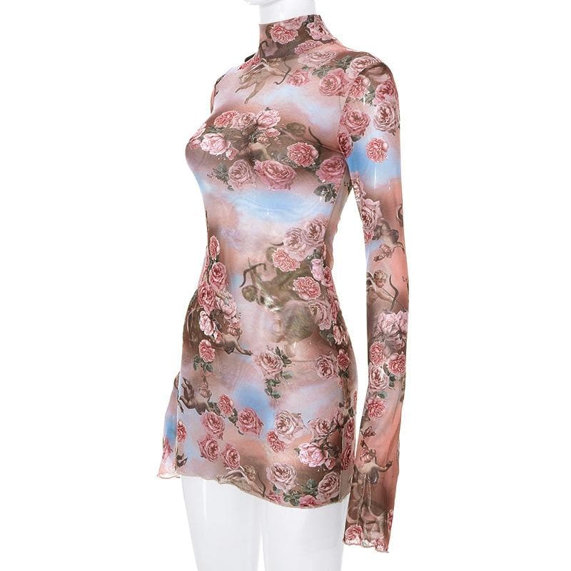 Floral Mesh High Neck Long Sleeve Sheer Bodycon Mini Dress