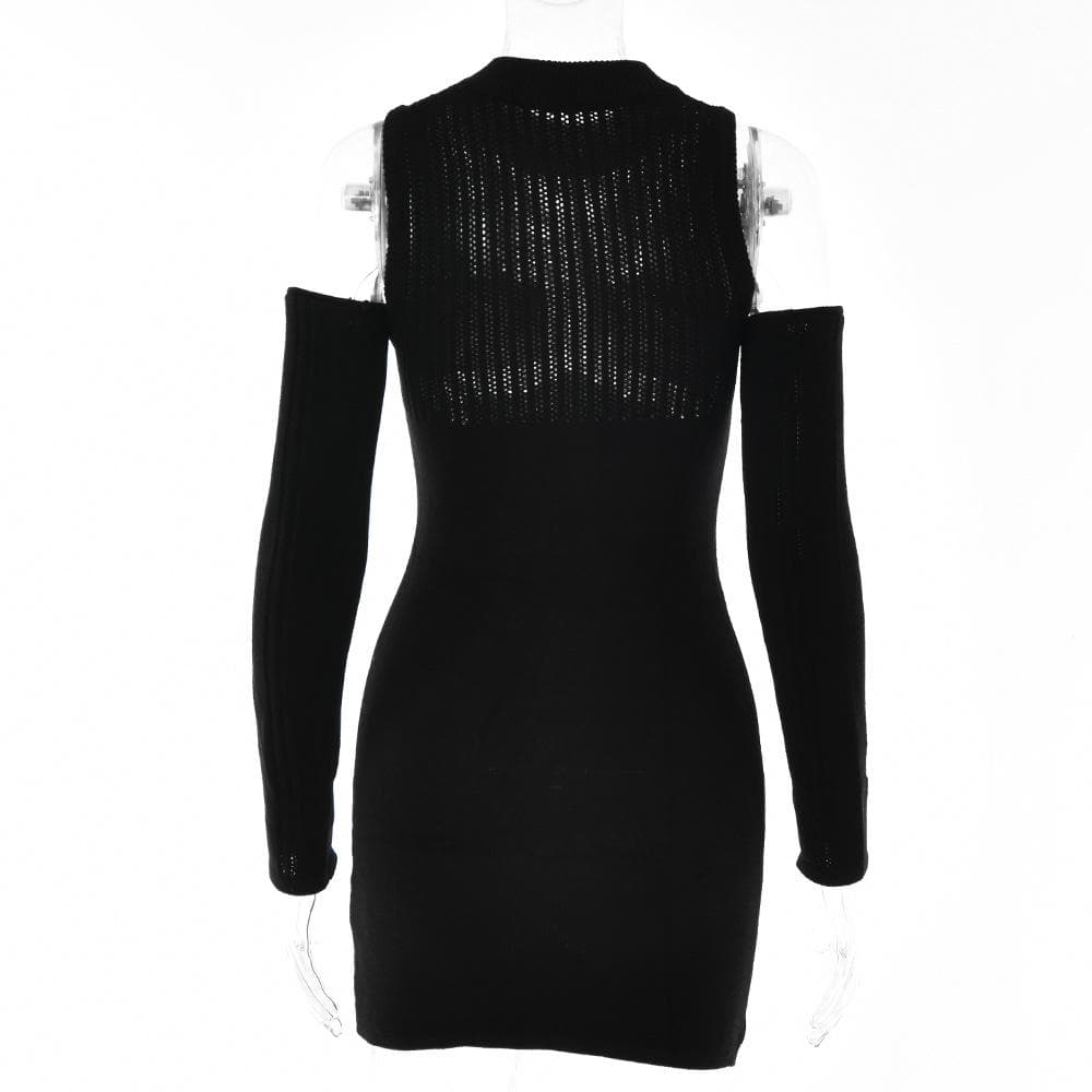 Long sleeve solid off shoulder crochet hollow out mini dress - View 4