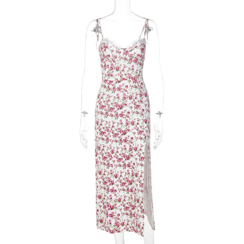 Floral Print Sweetheart Lace Trim High Split Slip Maxi Dress