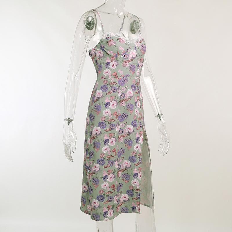 Sleeveless slit lace hem backless flower pattern print cami dress - View 3