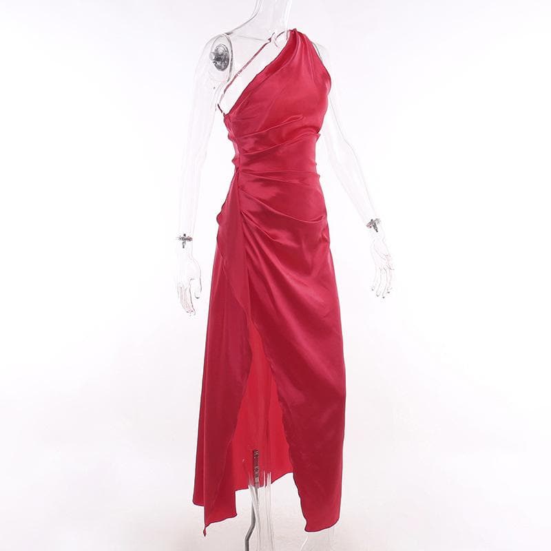 Slit solid satin one shoulder irregular ruched maxi dress 3