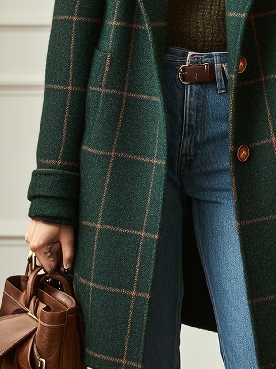 Windowpane Check Double Breasted Wool Look Coat