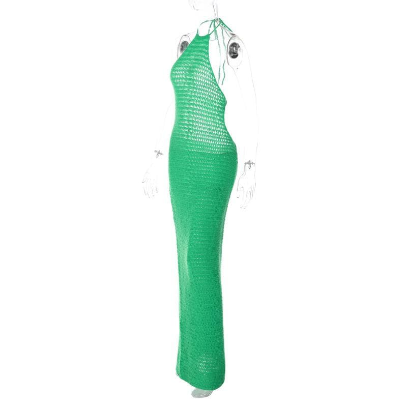 Crochet solid halter backless self tie maxi dress 7