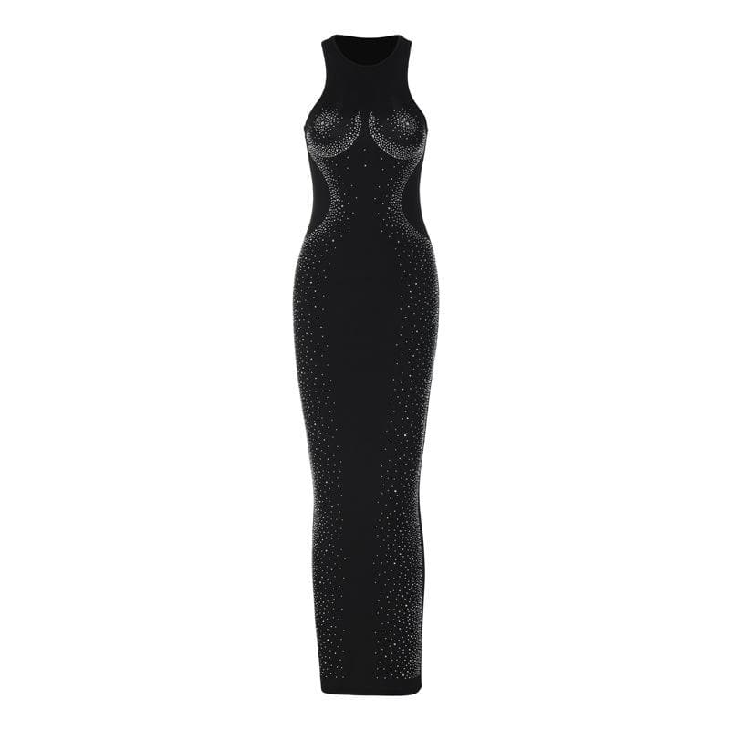 Rhinestone Contour High Neck Sleeveless Bodycon Maxi Gown