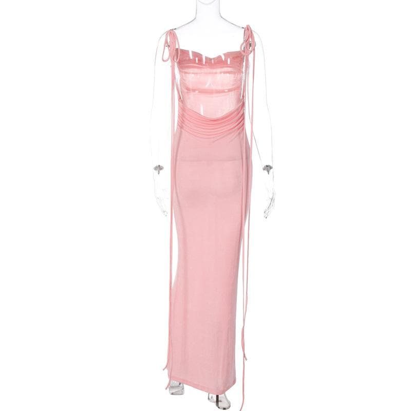 Ruched solid lace up backless cowl neck maxi dress 6