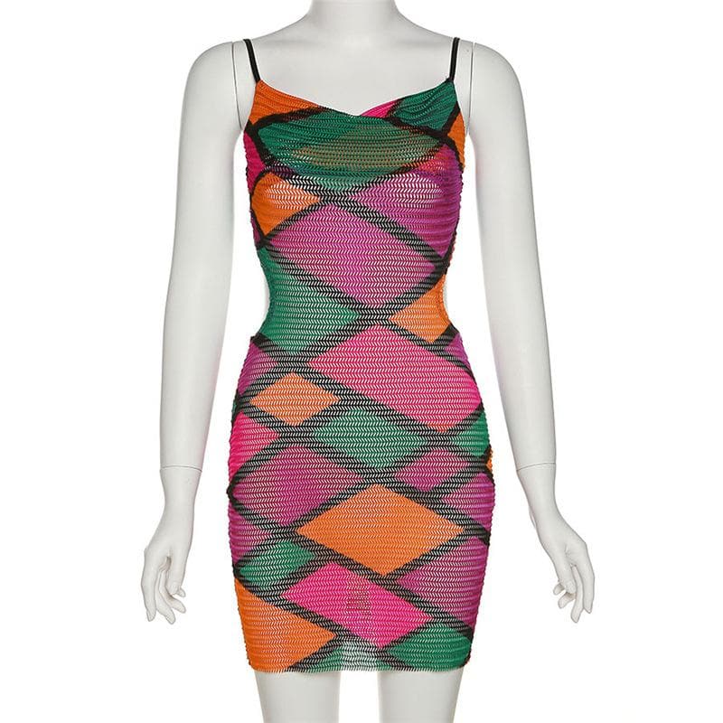 Crochet Mesh Geometric Waist Cut Out Spaghetti Strap Bodycon Mini Dress