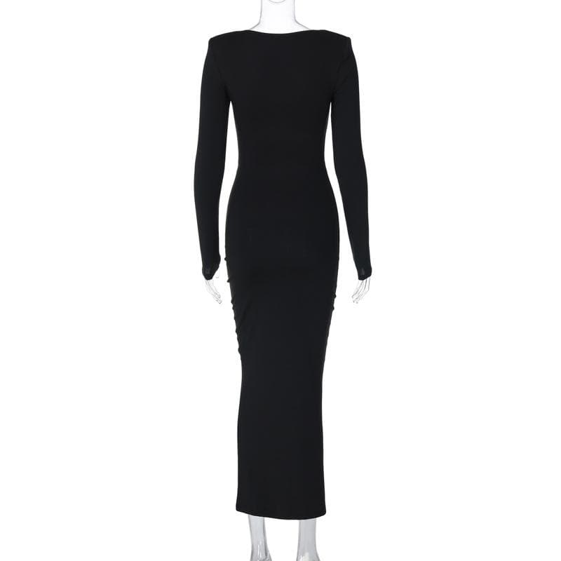V-Neck Long Sleeve Flower Applique Cut Out Bodycon Maxi Dress