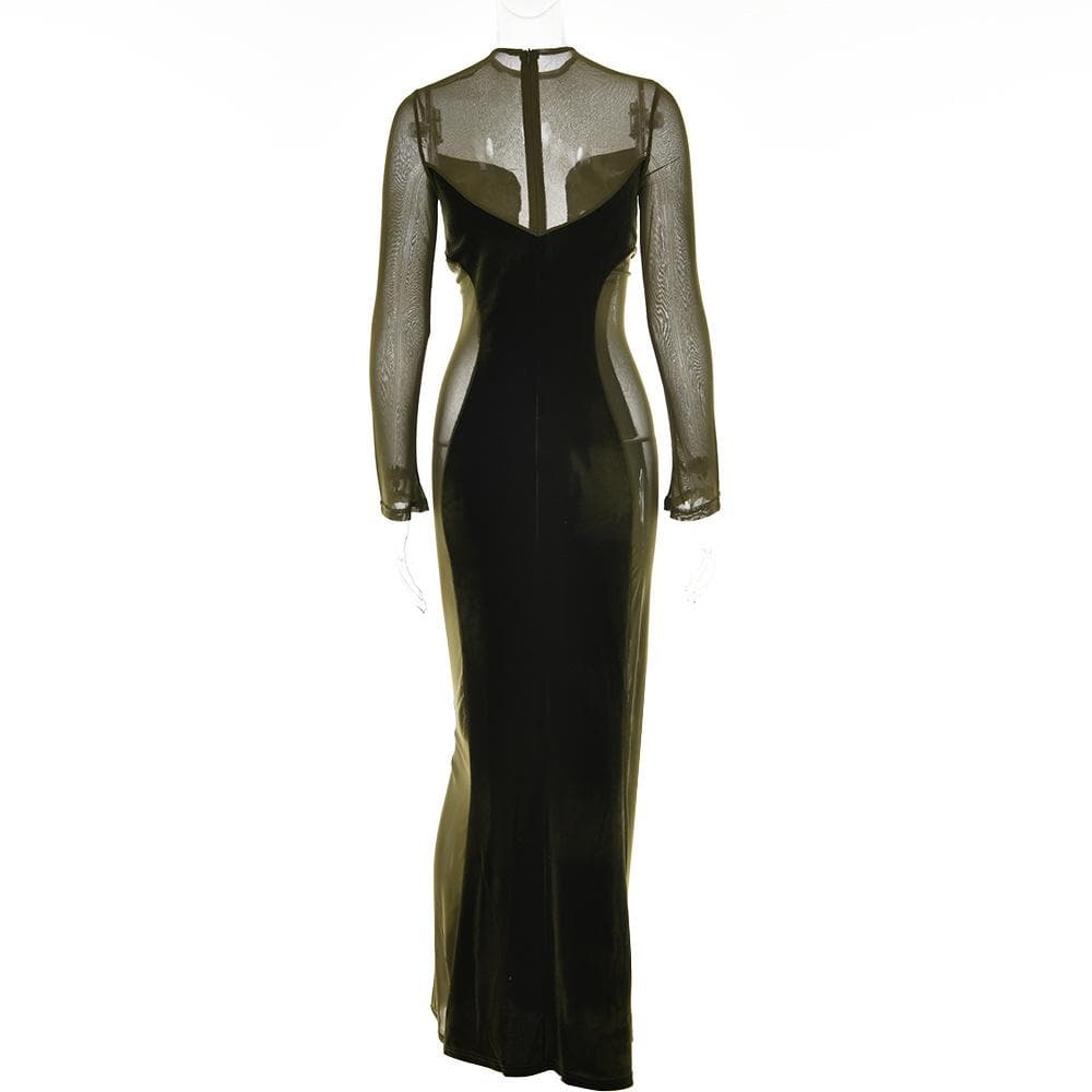 Long sleeve velvet mesh solid zip-up maxi dress - View 5
