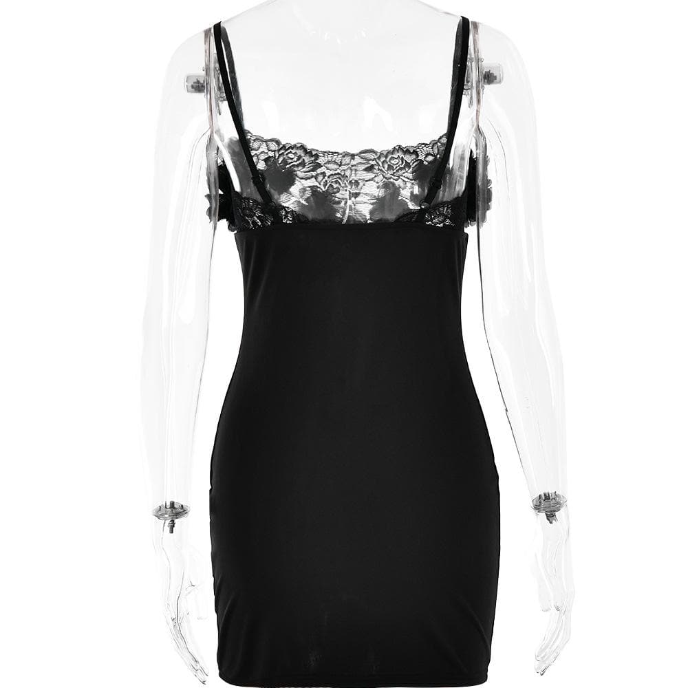 Flower Applique Lace Trim Square Neck Spaghetti Strap Bodycon Mini Dress