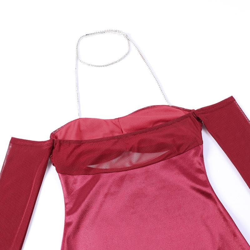 Mesh Glove Halter Neck Cut Out Ruched Bodycon Mini Dress