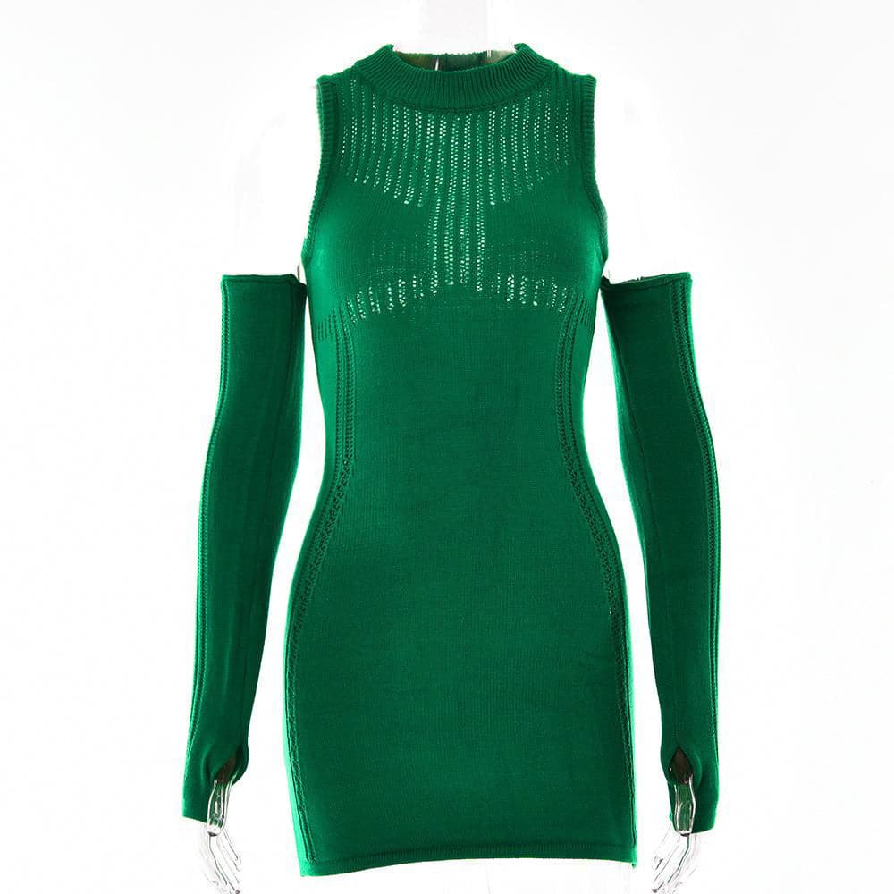 Long sleeve solid off shoulder crochet hollow out mini dress - View 9