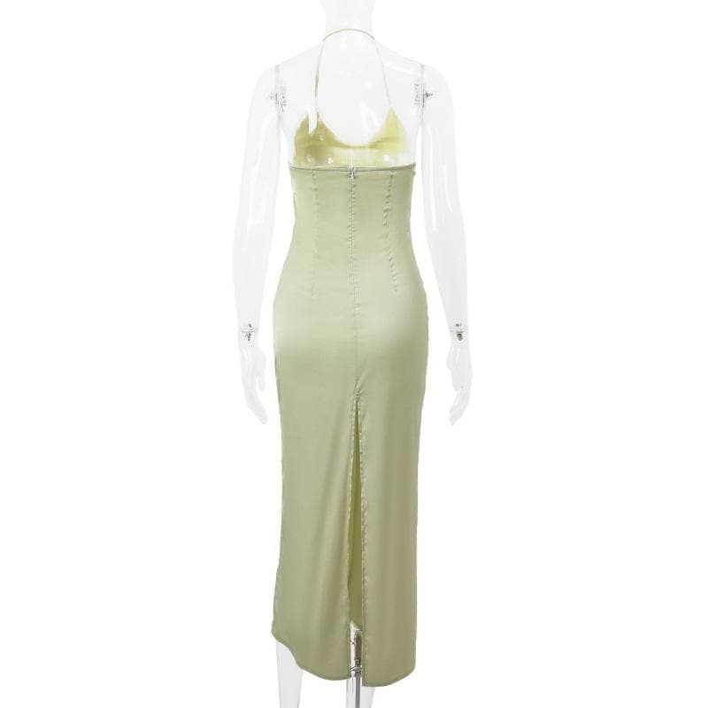 Satin Halter Neck Rosette Ruched Slip Midi Dress