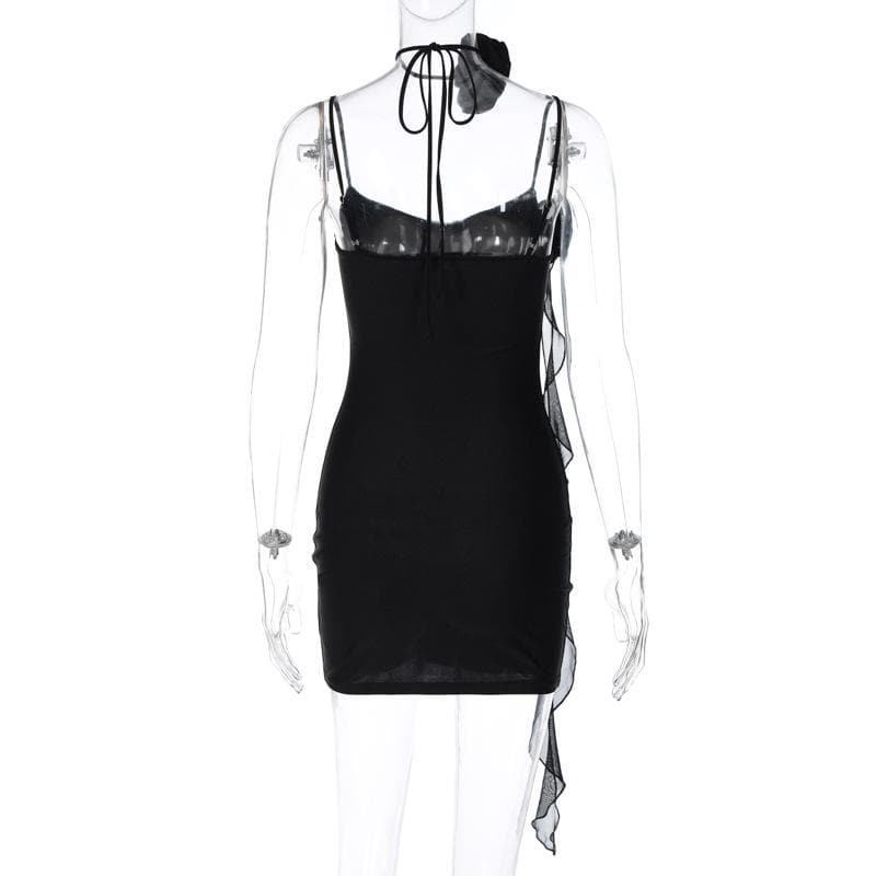 Satin V-Neck Flower Applique Ruched Bodycon Mini Dress