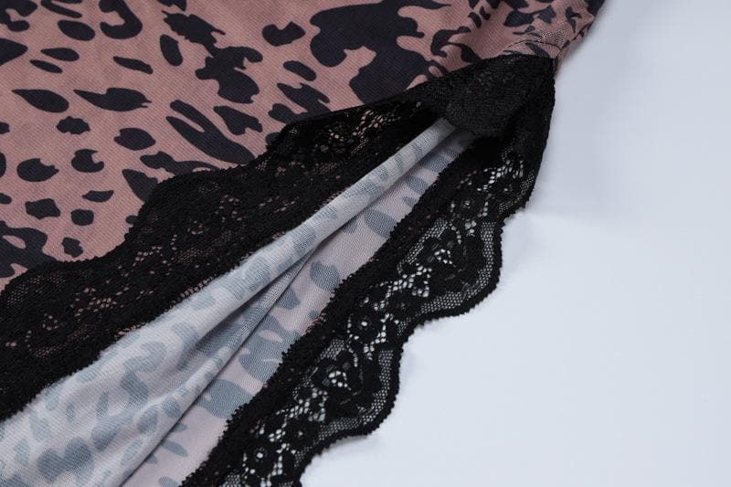 Leopard Print Cowl Neck Lace Trim Slit Bodycon Midi Dress