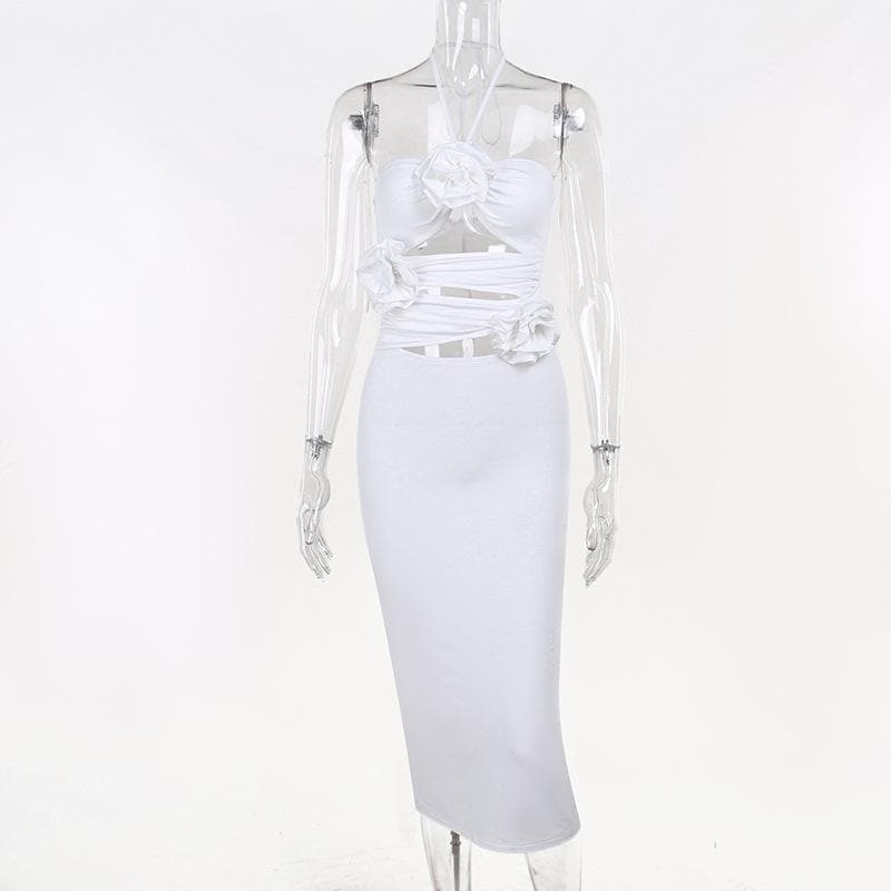 Halter Neck 3D Rose Cut Out Ruched Bodycon Maxi Dress