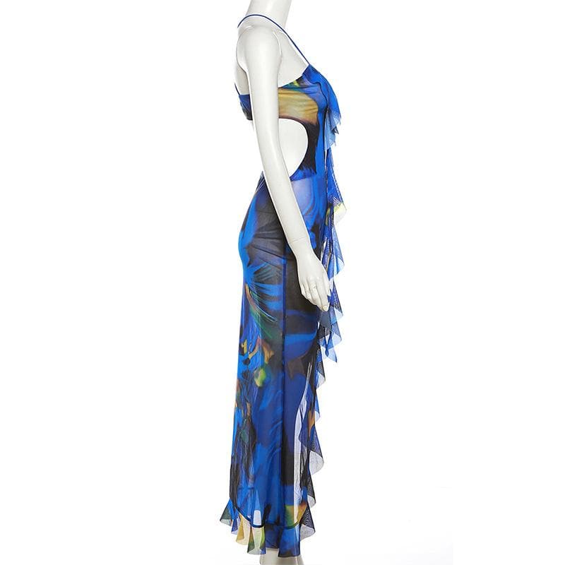 Cross front backless sheer mesh see through slit contrast print maxi dress 4