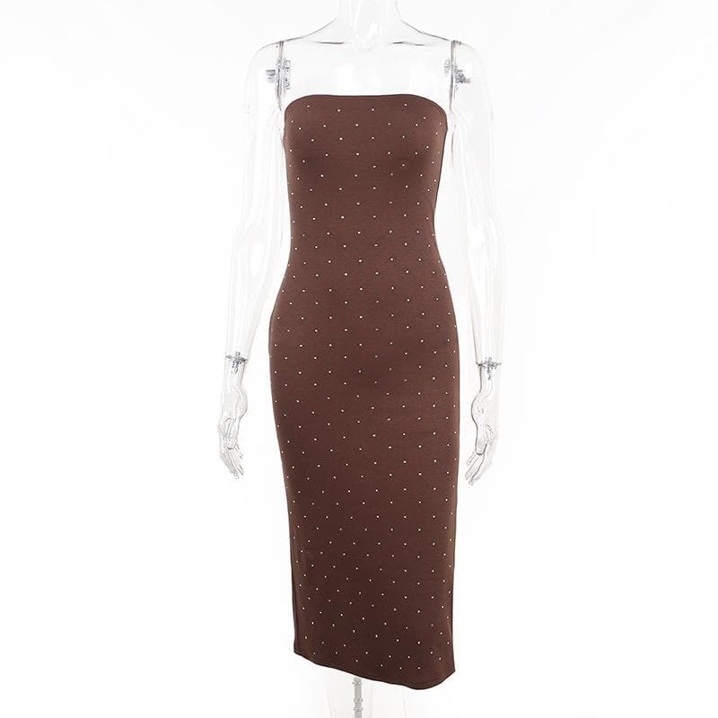 Solid beaded slit backless tube midi dress