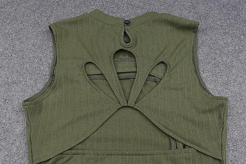 Button hollow out sleeveless ribbed slit 2-way midi dress