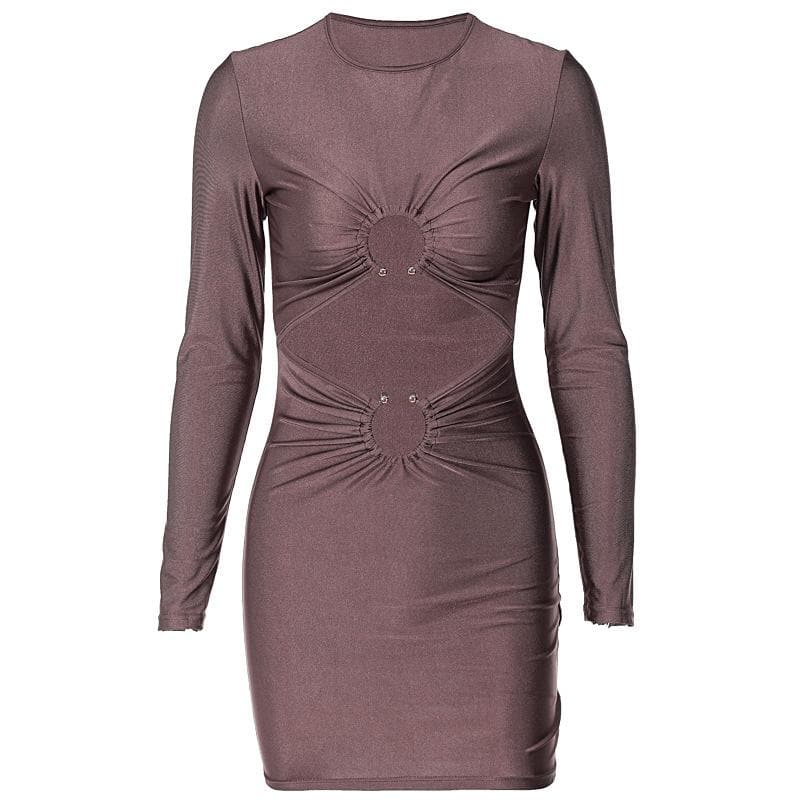 Long sleeve solid ruched o ring hollow out mini dress