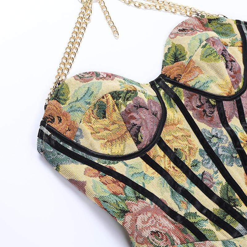 Floral Halter Neck Corset High Split Mini Dress