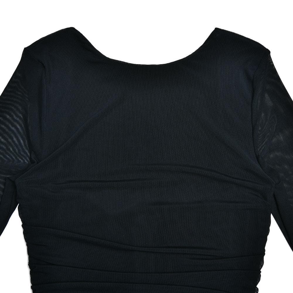 Mesh Ruched Long Sleeve Backless Ruffle Midi Dress