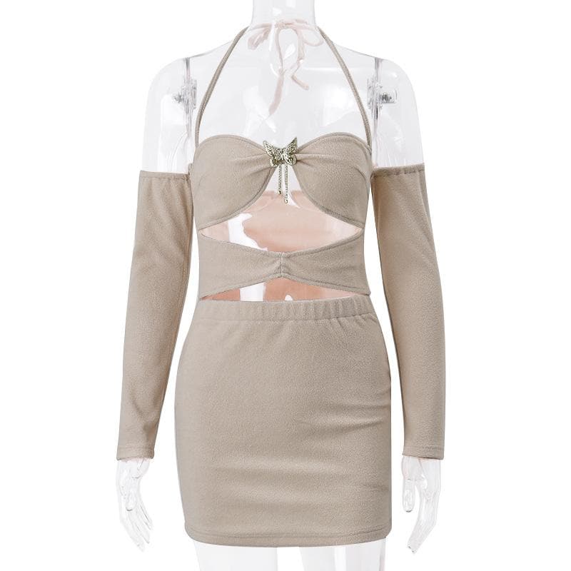Halter Neck Off Shoulder Long Sleeve Cut Out Bodycon Mini Dress