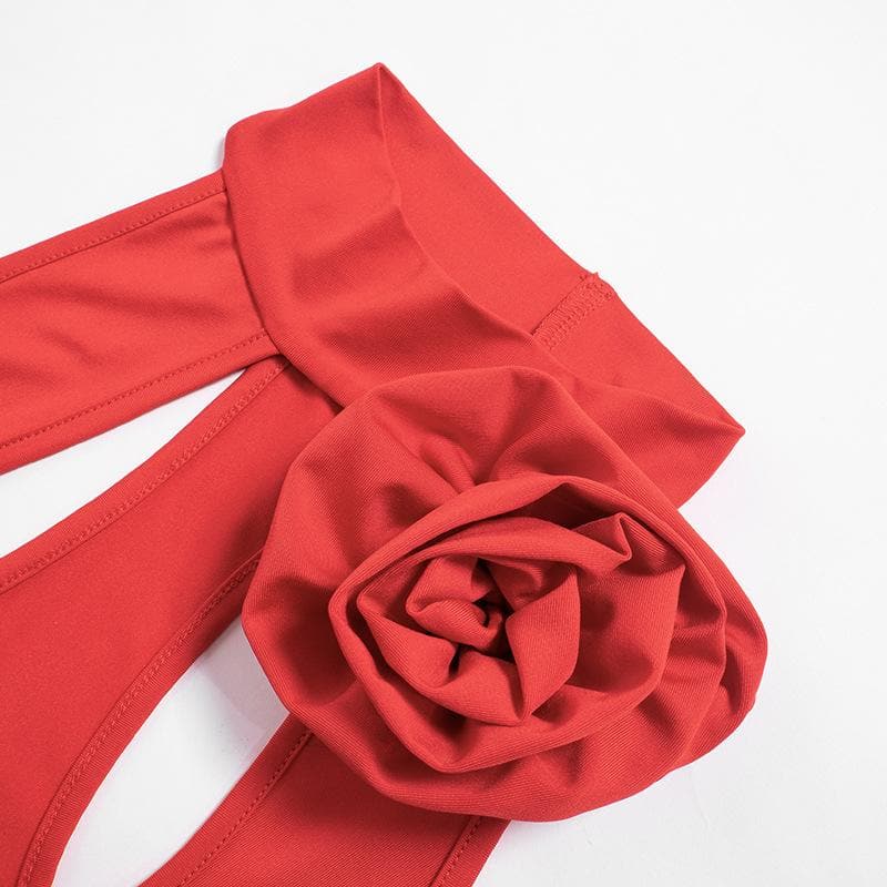 Halter Neck Cut Out 3D Rosette Ruffle Bodycon Mini Dress