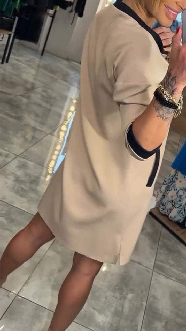 V-Neck Zip Contrast Trim Pocket Shift Mini Dress 2