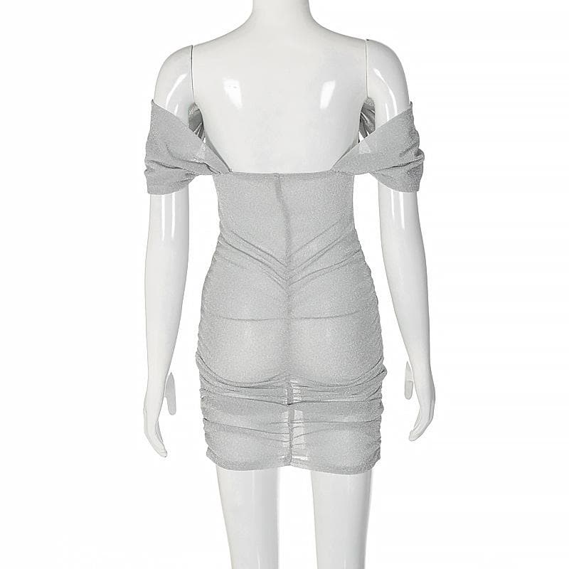 Glitter Off Shoulder Corset Ruched Bodycon Mini Dress
