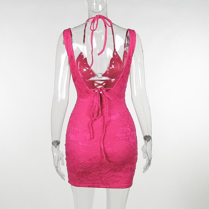 Jacquard Halter Neck Lace Up Cut Out Bodycon Mini Dress