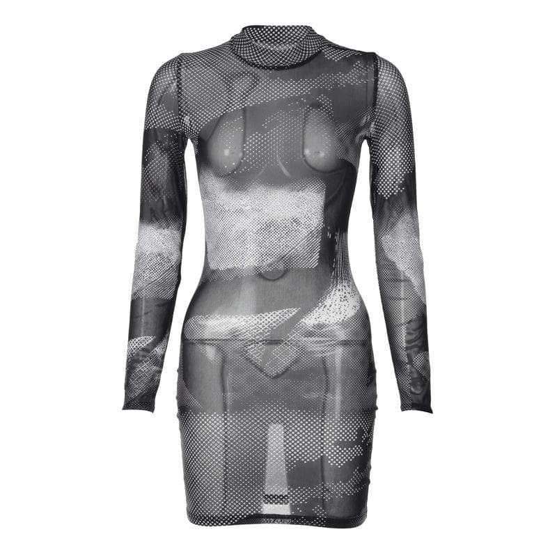 Long sleeve sheer mesh see through contrast polka dot mini dress 2