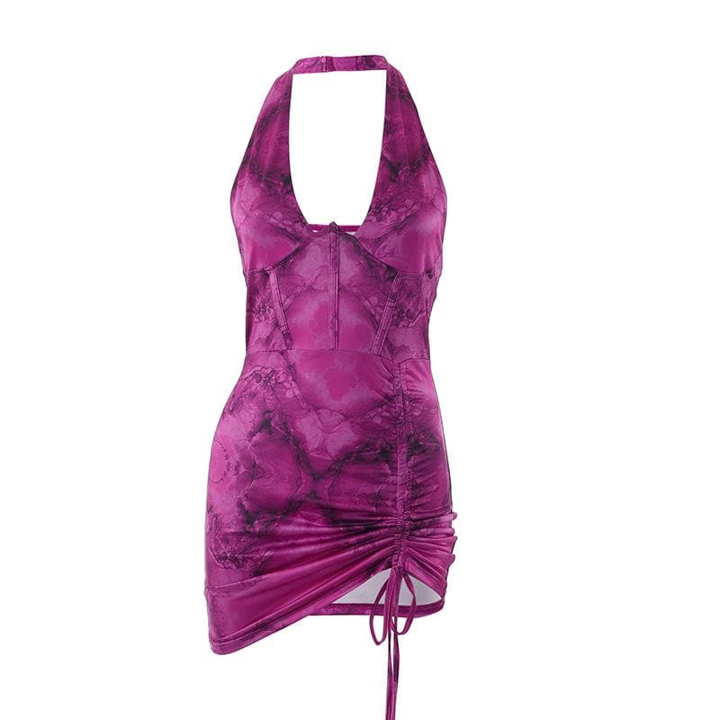 Halter Neck Corset Ruched Drawstring Backless Bodycon Mini Dress