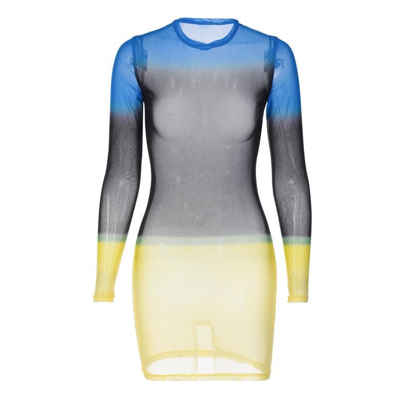 Contrast sheer mesh see through long sleeve crewneck mini dress 9