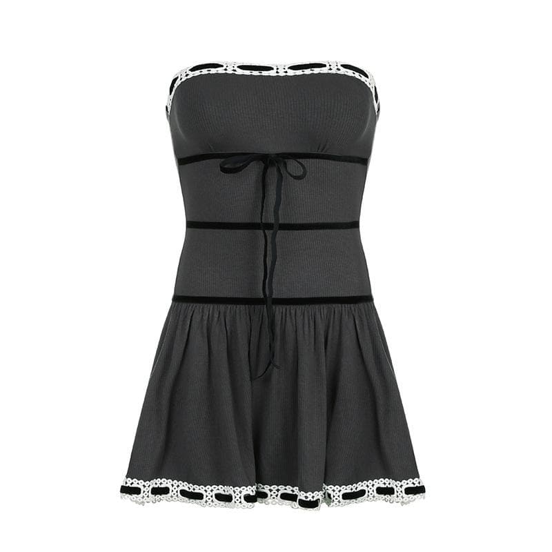 Ribbed lace hem contrast ruched backless tube mini dress 2