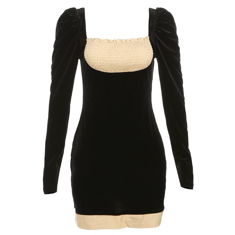 Velvet Square Neck Smocked Bust Puff Long Sleeve Mini Dress