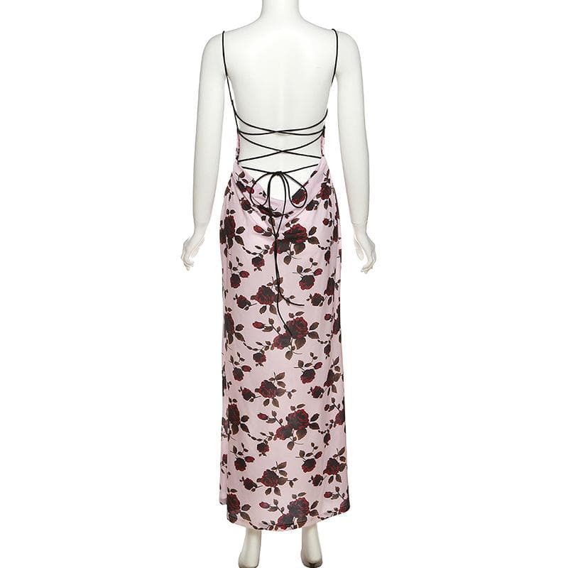 Floral Print Square Neck Spaghetti Strap Ruched Slip Maxi Dress