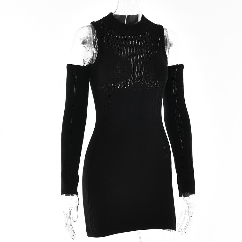 Long sleeve solid off shoulder crochet hollow out mini dress - View 3