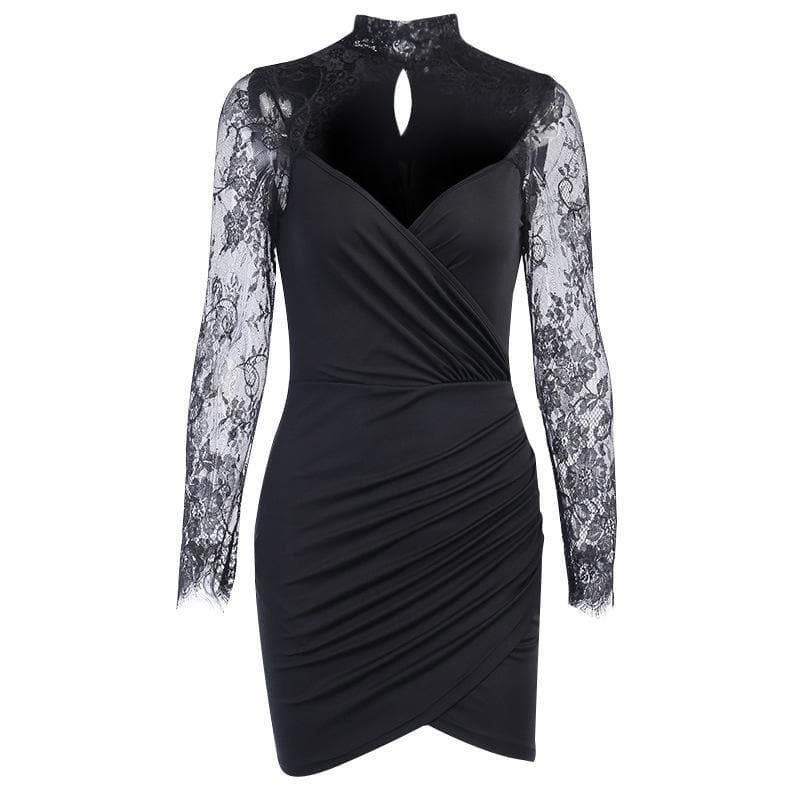 Hem lace low-cut high neck ruched midi dress 6