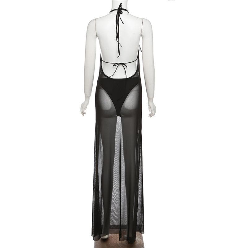 Sheer Mesh Cowl Neck Halter Backless Maxi Cover Up Dress 4