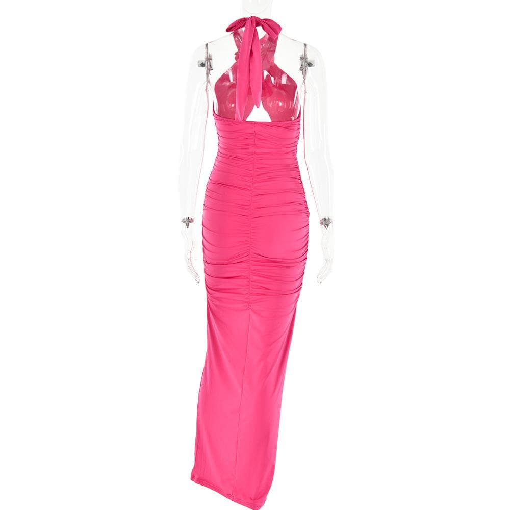 Halter Neck Flower Applique Cut Out Ruched Bodycon Maxi Dress