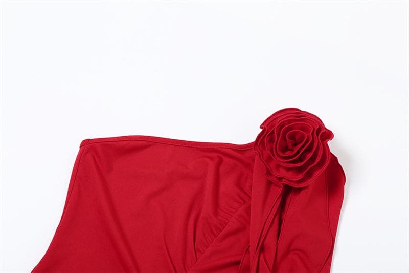 One Shoulder Ruched Flower Applique Ruffle Backless Bodycon Mini Dress