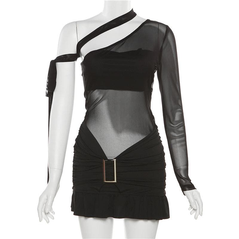 Ruffle contrast buckle one shoulder irregular ruched mesh mini dress 9