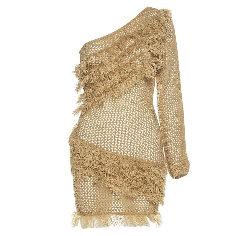 One Shoulder Long Sleeve Crochet Knit Fringe Trim Mini Dress