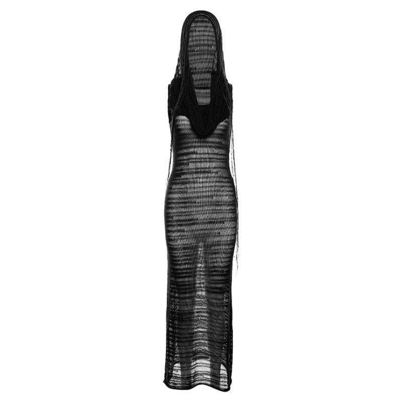 Hooded Sheer Ribbed Knit Sleeveless Bodycon Maxi Dress
