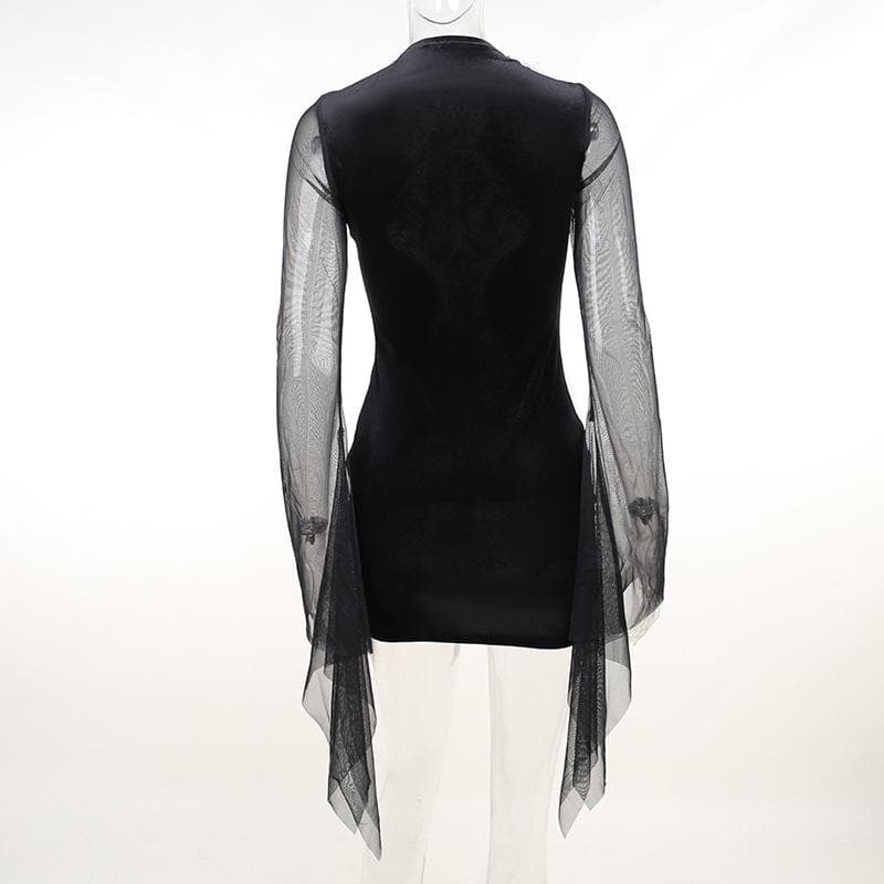 Mesh crewneck long sleeve see through embroidery mini dress 5