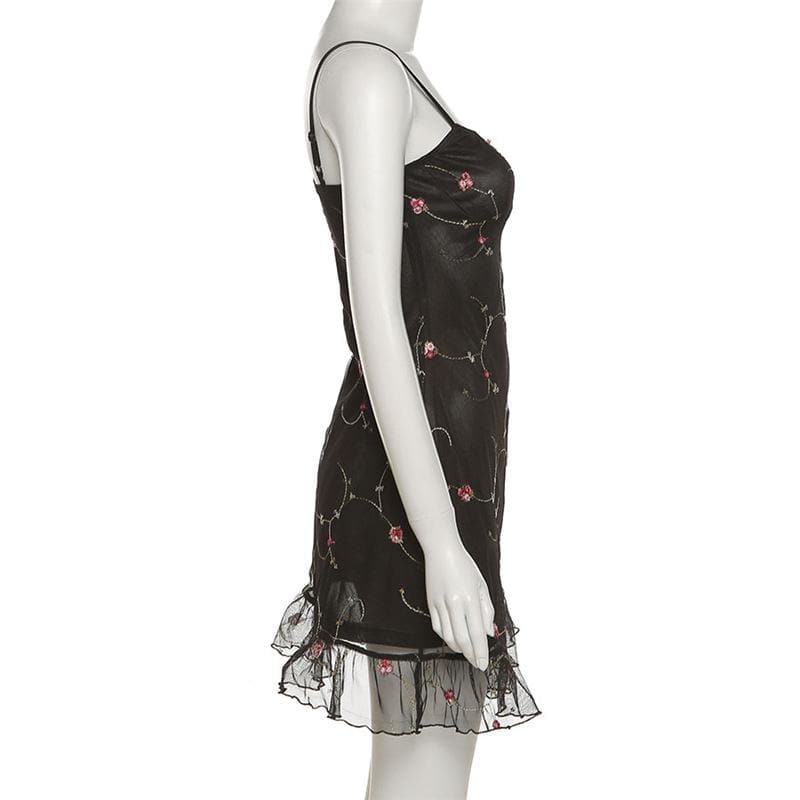 Satin Floral Embroidery Sweetheart Spaghetti Strap Ruffle Hem Mini Dress