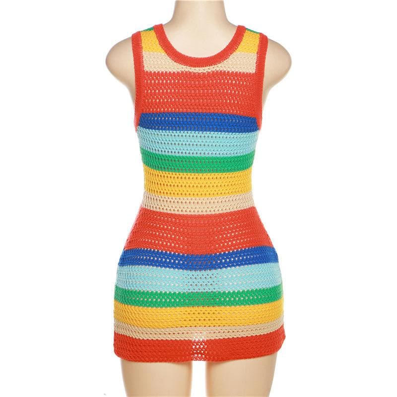 Crochet Rainbow Stripe Scoop Neck Sleeveless Bodycon Mini Dress